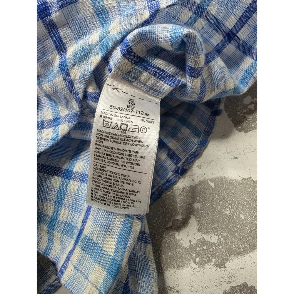 Banana Republic Linen Shirt Mens XL Blue White Plaid Camden Standard Fit LS